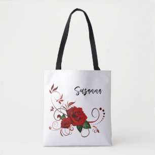 Tote Bag, Weißer Klassischer Roter Rosenblüten- Tasche