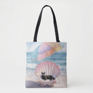 Tote Bag Whimsical Black Cat Beach Fourre-tout
