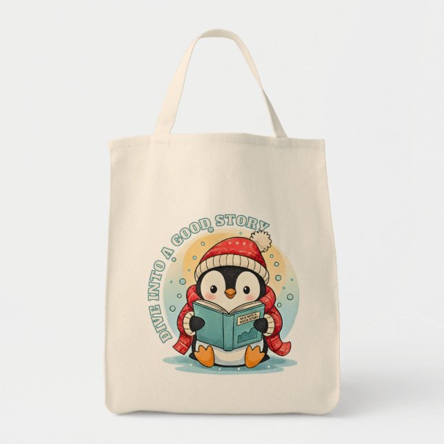 Tote Bag Whimsical Reading Penguin Eco Friendly Grocery  (Devant)