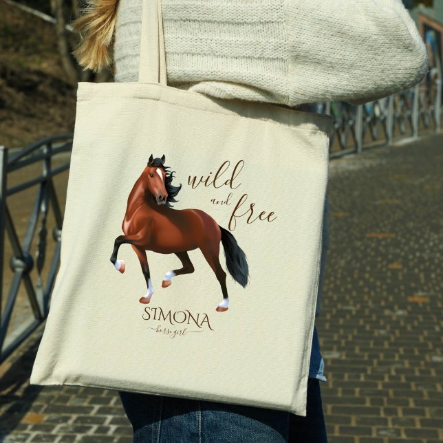 Tote Bag Wild et gratuit brun hackney cheval filles fête ca (Hackney horse wild and free personalized name tote bag, horse lovers gifts horse party favors)