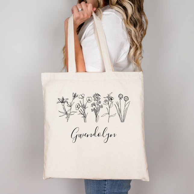 Tote Bag Wildflower Botanical Boho Floral Garden With Name (Créateur téléchargé)