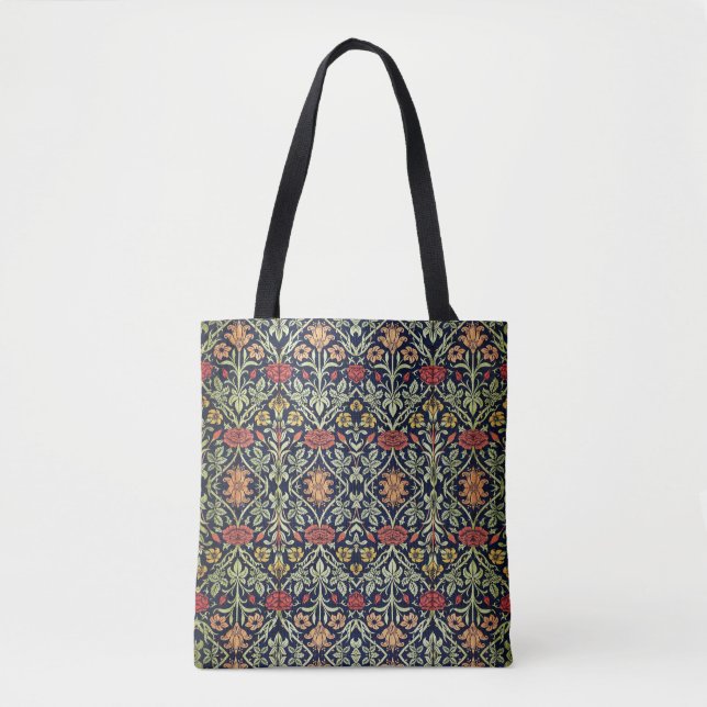 Tote Bag William Morris Fleurs Feuillage Vert Jaune Rouge R (Devant)