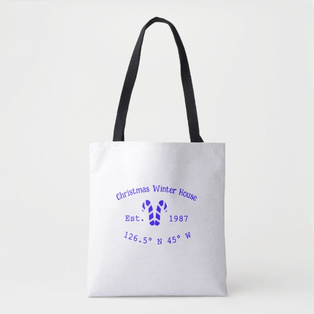 Tote Bag Winter Christmas house blue candy canes est. Year  (Devant)