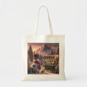Tote Bag Winter Wonderland Snowman's Hot Chocolate Cart