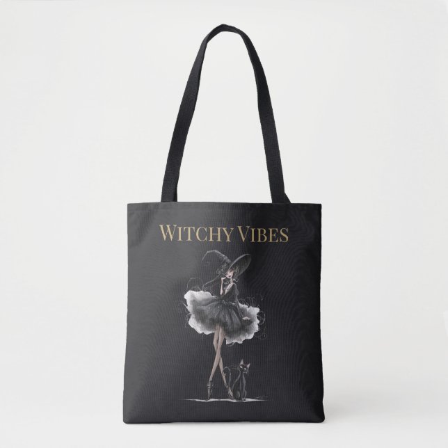 Tote Bag Witchy Vibes Dark Edition – Gothic Witch & Cat (Devant)