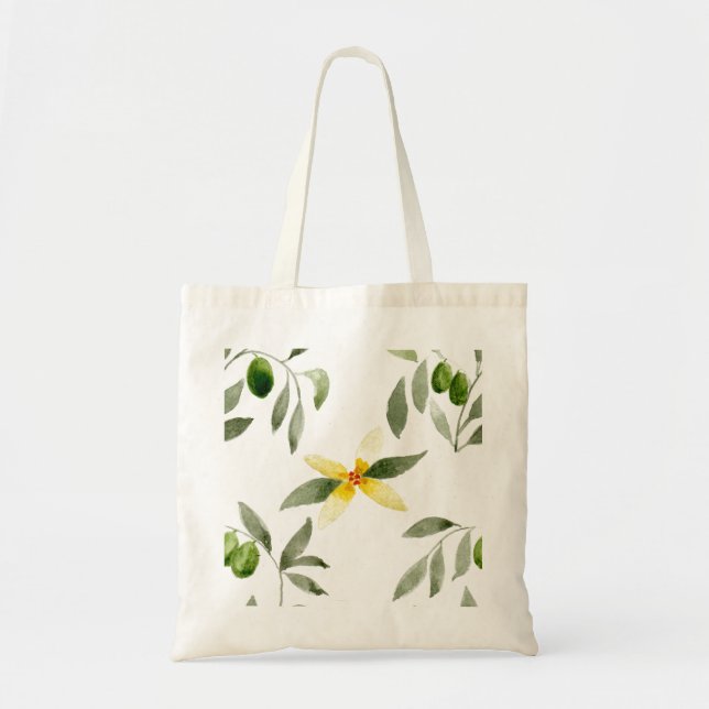 Tote bag with olives, leaves and blossom design tragetasche (Vorne)