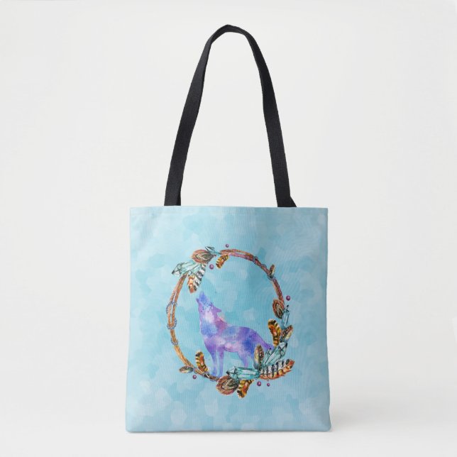 Tote Bag Wolf aquarelle debout dans une couronne de style b (Devant)