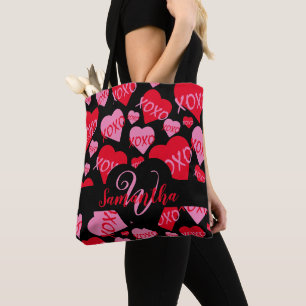 Tote Bag XOXO Coeur rose rouge Motif Monogramme noir
