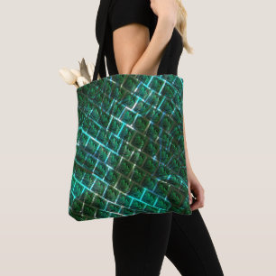 Tote Bag 'Yeux encadrés verts', rayures et râtonnages bleus
