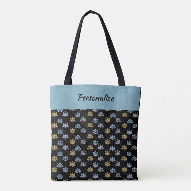 Tote Bag Yoga Lotus Fleur Bleu Gris Or Personnalisé (Dos)