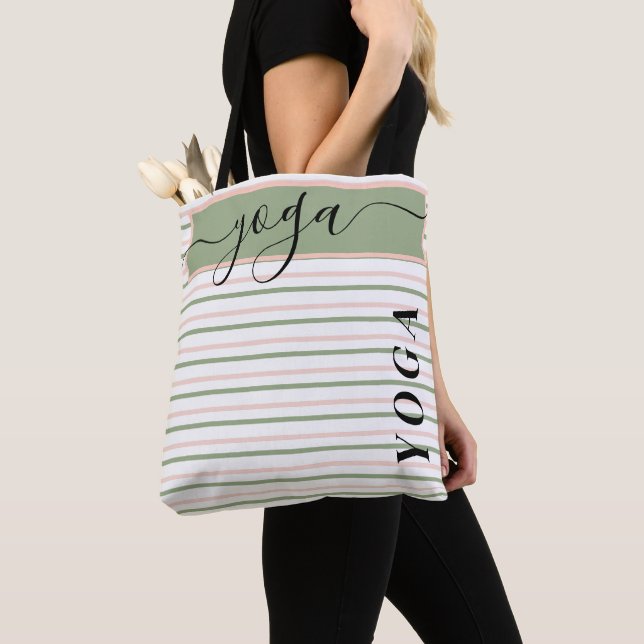 Tote Bag Yoga rose et vert rayures (De près)