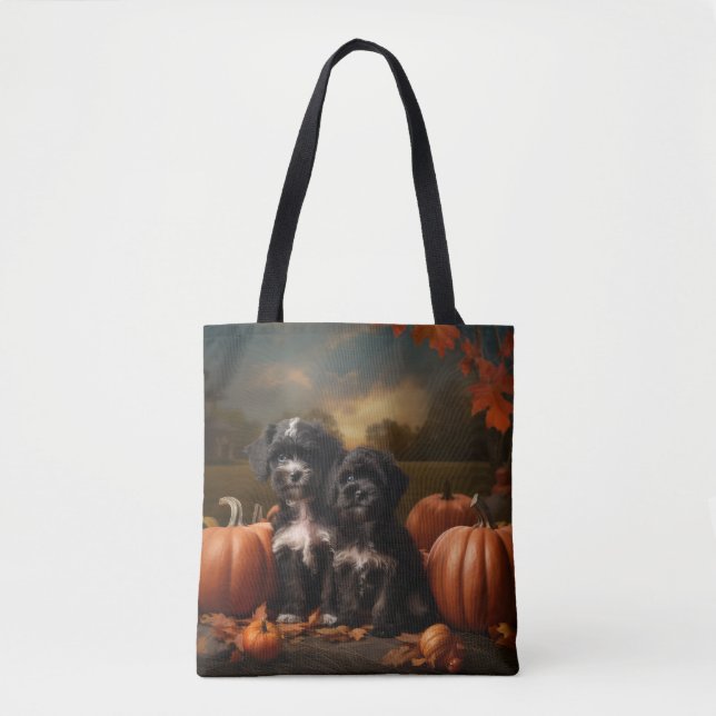 Tote Bag Yorkipoo Chiot Automne Citrouille délice (Devant)