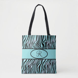 Tote Bag Zèbre Monogrammé Rayé Turquoise Bleu Canard et Noi