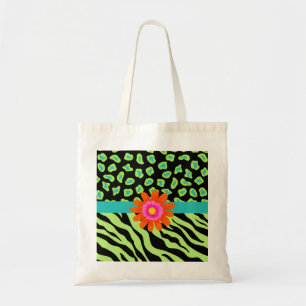 Tote Bag Zèbre vert, noir et Turquoise et fleur orange de