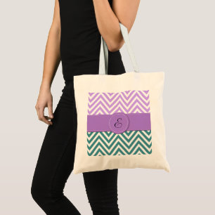 Tote Bag Zigzag bleu, Zigzag mauve, Chevron, Monogramme