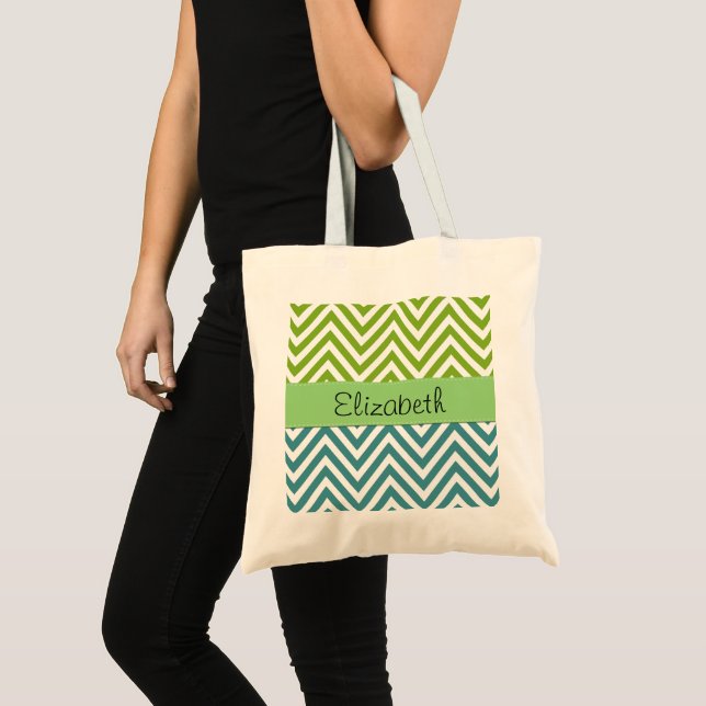 Tote Bag Zigzag bleu, Zigzag vert, Chevron, Votre Nom (Devant (produit))