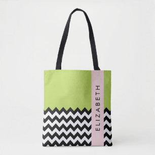 Tote Bag Zigzag noir et blanc, Chevron, Vert, Votre nom