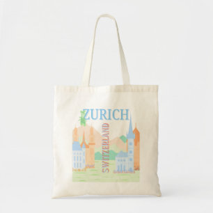 Tote Bag Zurich Travel Art, Suisse, Blue Retro Travel