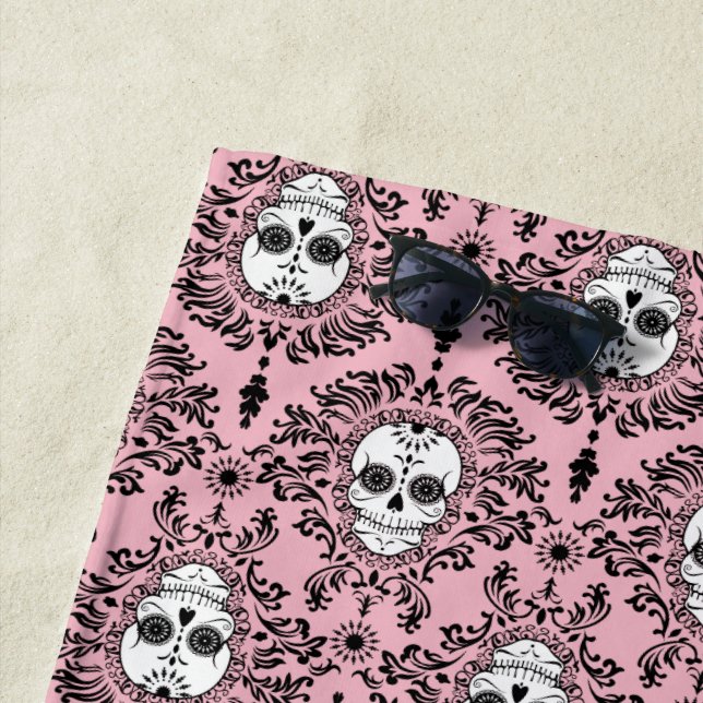 Tote Damaskus Schwarz auf rosa Zuckerschädelmuster Strandtuch (Beispiel)
