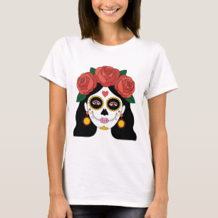 Tote Frau des Tages der Toten Zuckerschädel mit ro T-Shirt