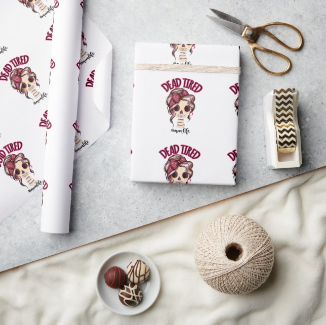 Tote müde Mama Leben Skeleton Messy Bun Bandana Geschenkpapier (Kunsthandwerk)