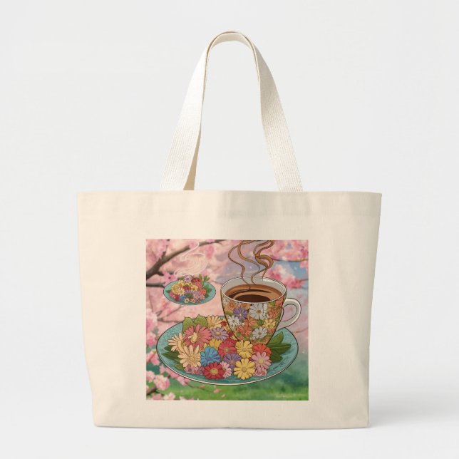 Tote Tasche-Cup und Kaffee mit Blume-Design Jumbo Stoffbeutel (Vorne)
