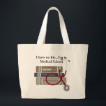 Tote Tasche für Medizinstudenten<br><div class="desc">Eine praktische Tasche mit drei medizinischen Textbüchern und einem Stethoskop begleitet den Slogan "Ich habe kein Leben... Ich bin in der Medizinschule". Perfektes Geschenk für jeden Medizinstudenten oder pflegerischen Schüler. Es ist einfach, mit Ihren Formulierungen, Schriftart und Schriftart Farbe anzupassen. Erhältlich in verschiedenen Größen und verschiedenen Stilen. Macht ein großartiges...</div>