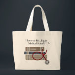 Tote Tasche für Medizinstudenten<br><div class="desc">Eine praktische Tasche mit drei medizinischen Textbüchern und einem Stethoskop begleitet den Slogan "Ich habe kein Leben... Ich bin in der Medizinschule". Perfektes Geschenk für jeden Medizinstudenten oder pflegerischen Schüler. Es ist einfach, mit Ihren Formulierungen, Schriftart und Schriftart Farbe anzupassen. Erhältlich in verschiedenen Größen und verschiedenen Stilen. Macht ein großartiges...</div>