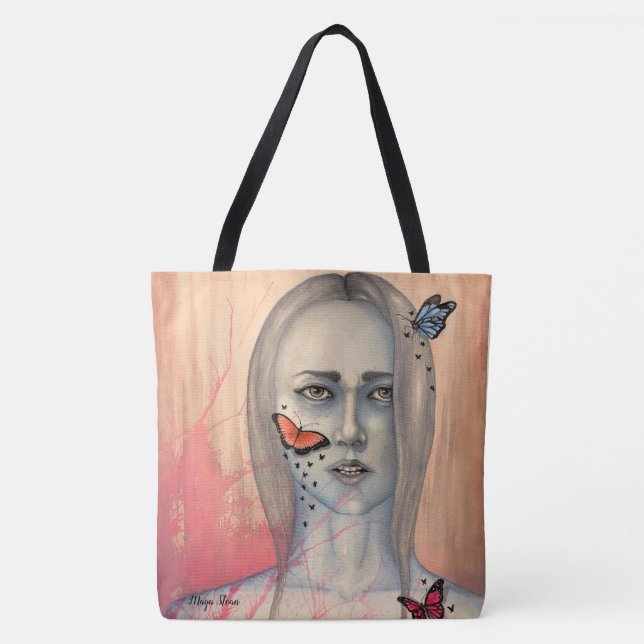 Tote Tasche mit Womans Gesicht und Schmetterlingen (Vorderseite)