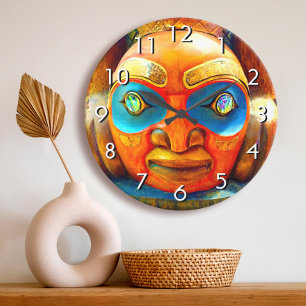 Totem aus geschnitztem Holz mit Foto kühn farbig Große Wanduhr