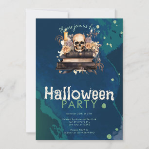 Totenkopf auf Büchern mit Rosen Halloween-Party Einladung