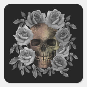 TOTENKOPF BLUMEN BOUQUET SCHWARZ UND WEISS QUADRATISCHER AUFKLEBER