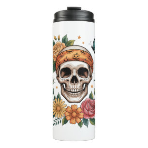 Totenkopf-Blumen-Halloween-Gruselig Thermosbecher