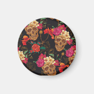 Totenkopf-Blumen: Nahtloser dunkler Hintergrund. Magnet