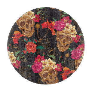 Totenkopf Blumen: Nahtloser dunkler Hintergrund. Schneidebrett