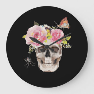 Totenkopf-Blumen-Schmetterling-Spinne-Halloween-Ge Große Wanduhr