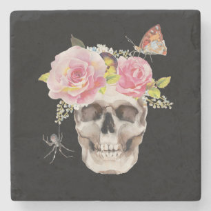 Totenkopf-Blumen-Schmetterling-Spinne-Halloween-Ge Steinuntersetzer