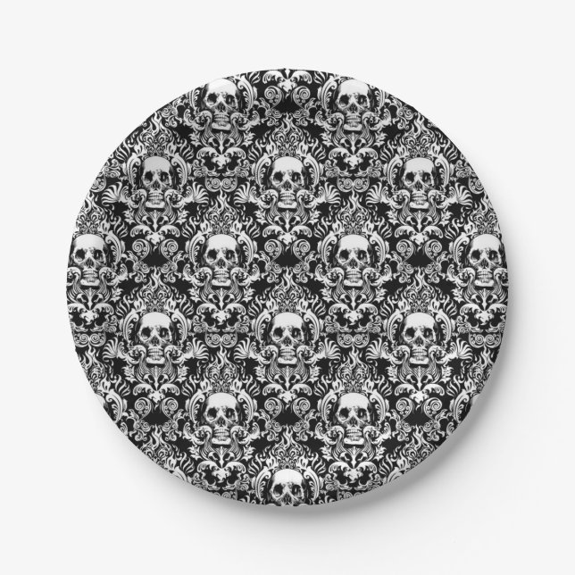 Totenkopf-Damaskus-Speiseteller Pappteller (Vorderseite)