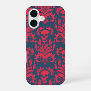 Totenkopf-Flamme Damast in knalligem Rot auf Blau iPhone 16 Hülle