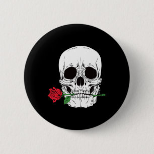 Totenkopf Gesicht Rote Rose Rock N Roll Cool Skele Button