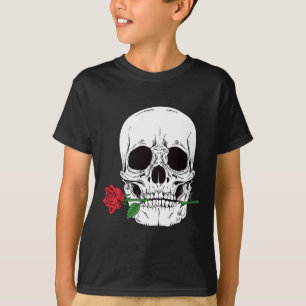 Totenkopf Gesicht Rote Rose Rock N Roll Cool Skele T-Shirt