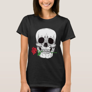 Totenkopf Gesicht Rote Rose Rock N Roll Cool Skele T-Shirt