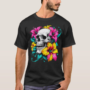 Totenkopf Hibiskus-Blumen-Mykologe Gothic Goth-Blu T-Shirt