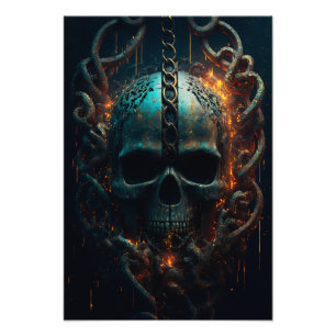Totenkopf in Ketten glühendem Hintergrund Design Fotodruck