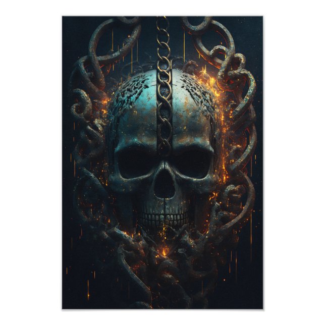 Totenkopf in Ketten glühendem Hintergrund Design Fotodruck (Vorne)