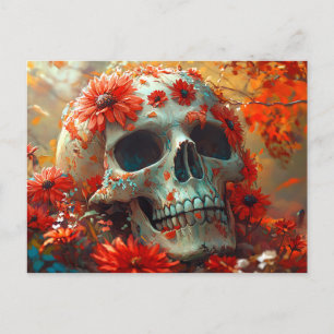 Totenkopf in Wildblumen Herbst Halloween-Postkarte Postkarte
