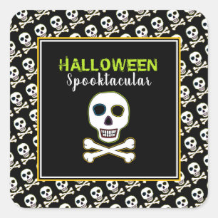 Totenkopf & Knochen, Neon-Halloween-Party Quadratischer Aufkleber