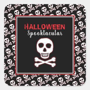 Totenkopf & Knochen, Rote Halloween-Party Quadratischer Aufkleber