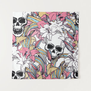 Totenkopf-Lilien-Blumen: Boho Vintage. Wandteppich