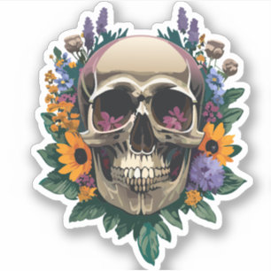 Totenkopf mit Blumen verziert Farbige Zeichnungen Aufkleber
